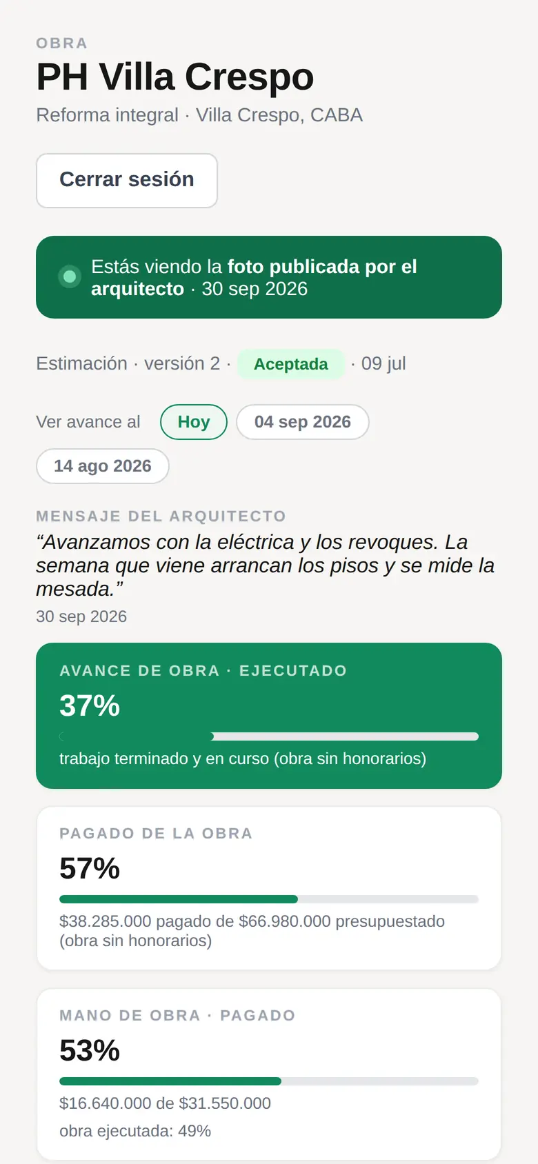Vista del cliente en el celular: la foto publicada por el arquitecto el 30 de septiembre, con el mensaje de avance, la obra ejecutada al 37 % y lo pagado al 57 %.