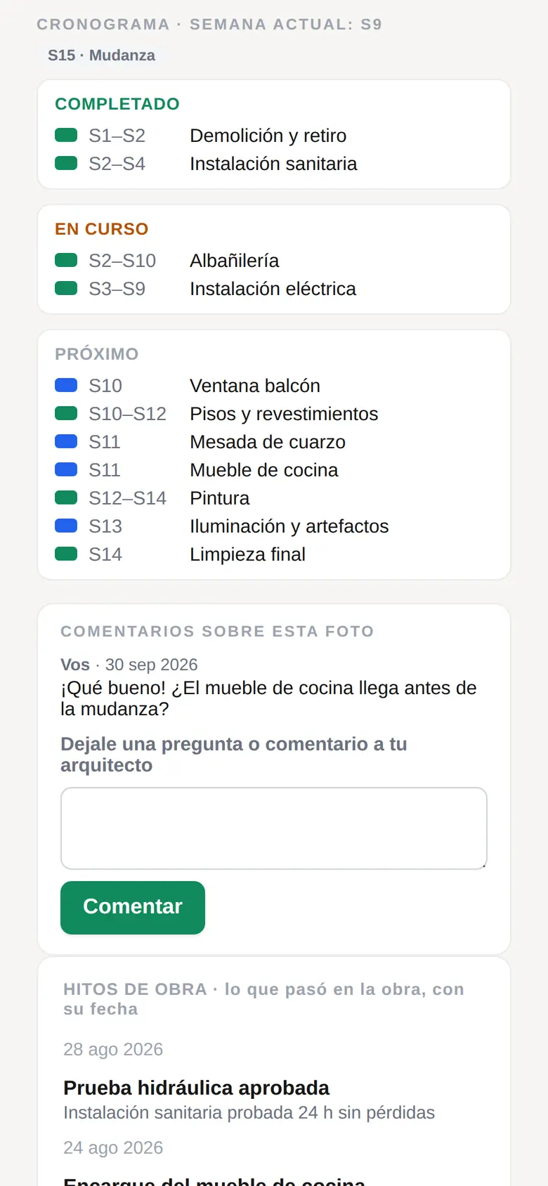 Vista del cliente en el celular: cronograma en la semana 9 con tareas completadas, en curso y próximas, y la pregunta del cliente sobre el mueble de cocina.