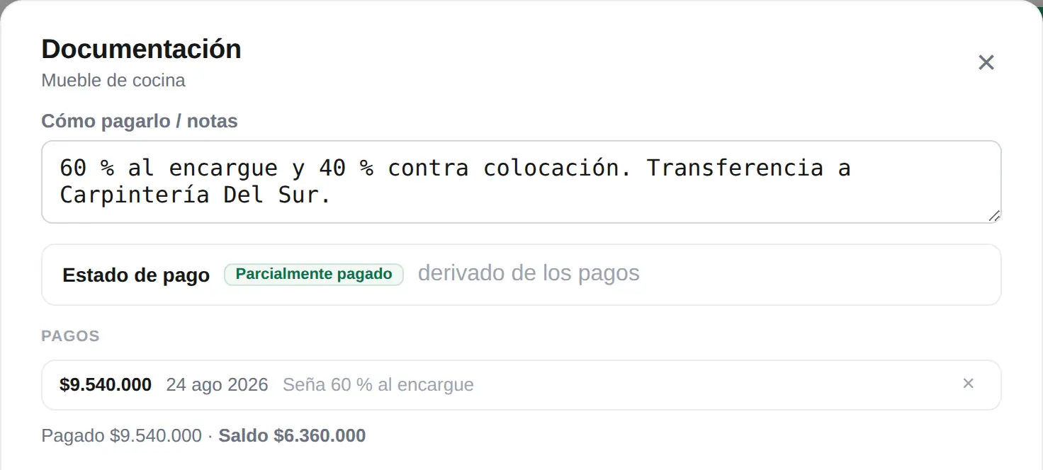 Pagos del rubro Mueble de cocina: nota de cómo pagarlo, estado Parcialmente pagado derivado de los pagos, una seña de $9.540.000 del 24 de agosto y saldo de $6.360.000.